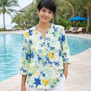 Linen Button Up Top Women's 3/4 Sleeve Pockets Blue Yellow Resort Cruise Classic